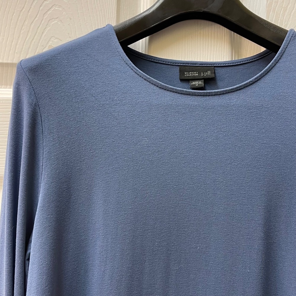 J. Jill Top Womens M Blue Wearever 3/4‎ Sleeve Pleated Blouse Boat Neck Jersey
